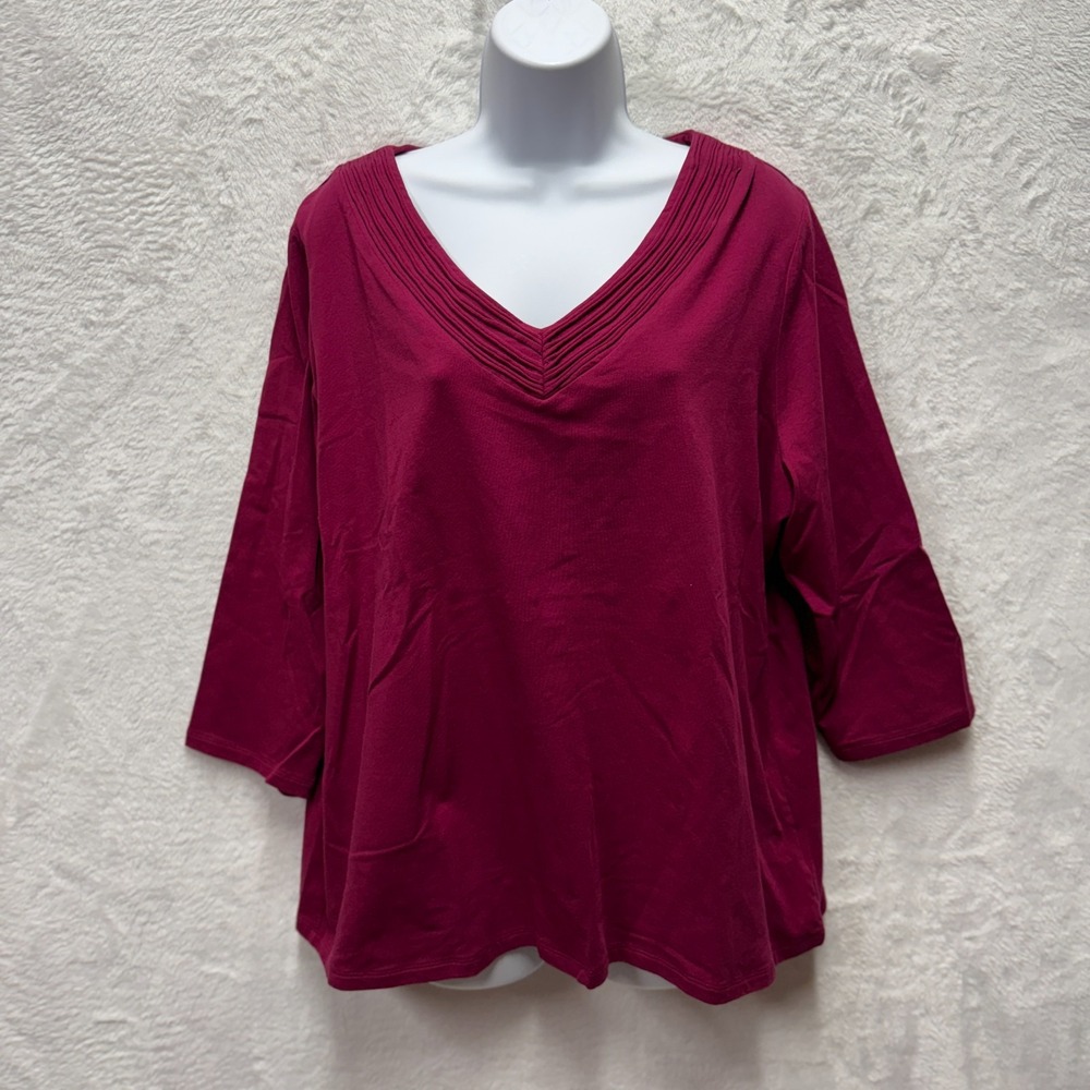 Liz Claiborne Top Women 1X Magenta Pink Cotton Stretch 3/4 Sleeve Pleated V-Neck